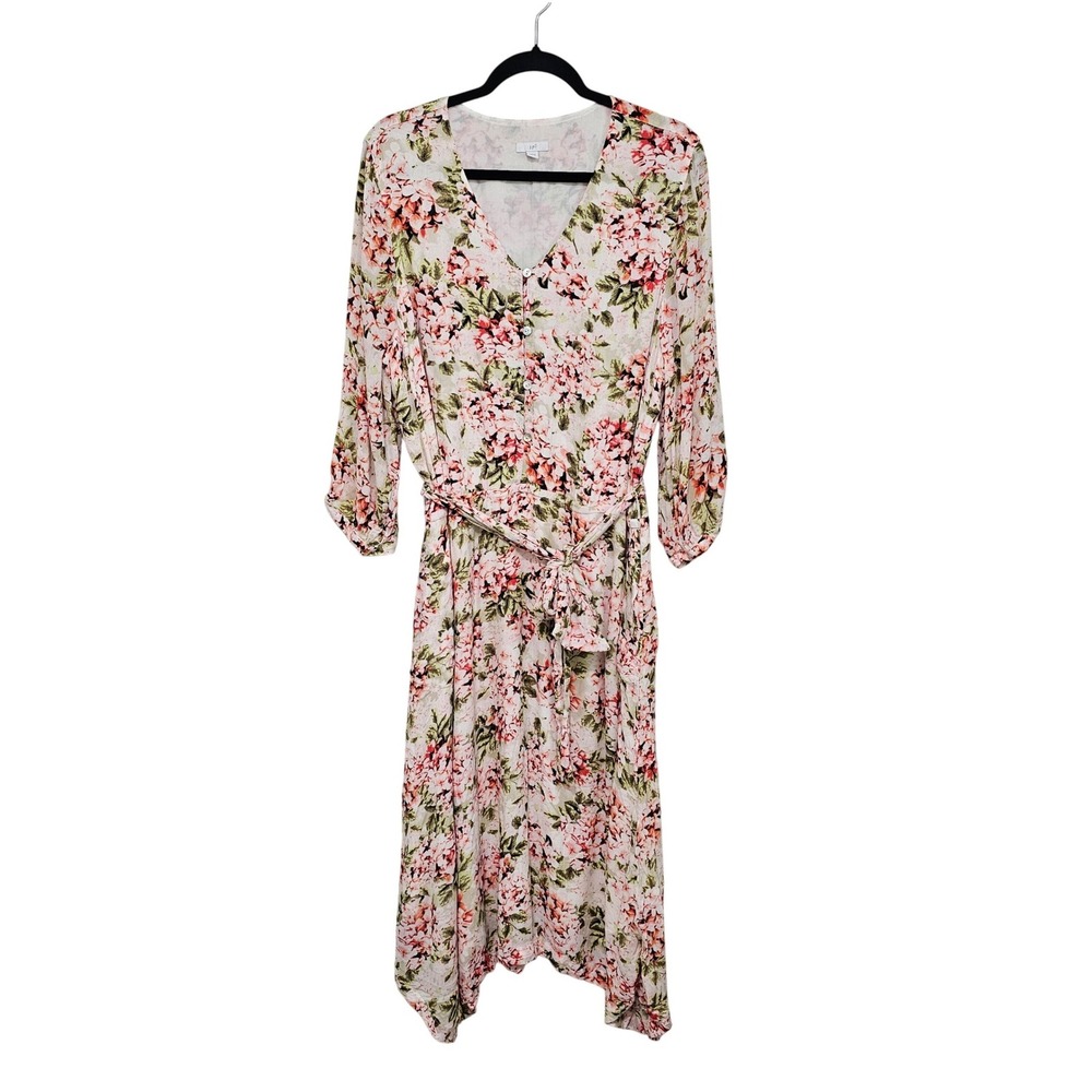 J.Jill Floral Midi Dress Womens XL Pink Green Button Front Tie Waist Pockets